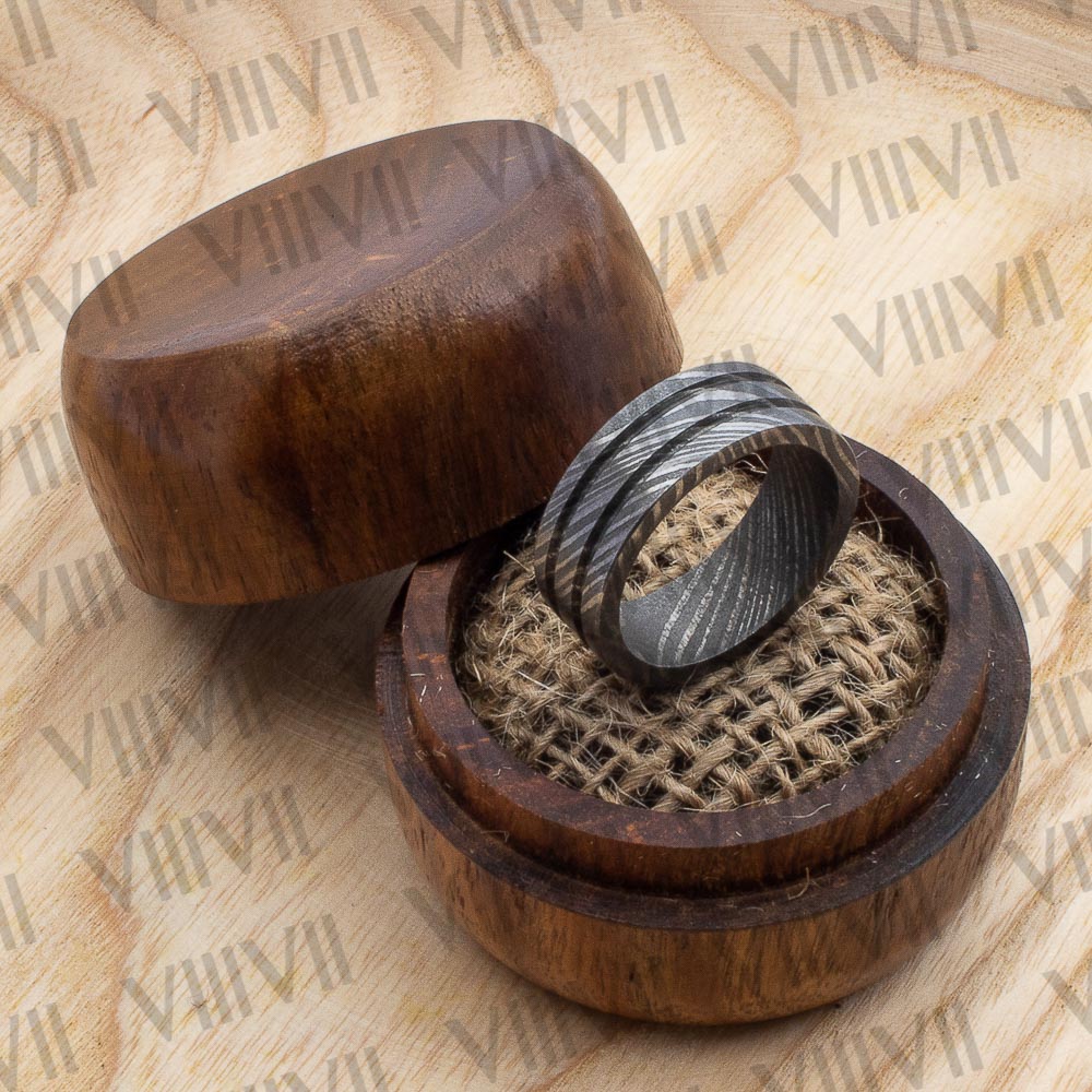 Damascus Steel ring with two grooves. Real Damascus steel