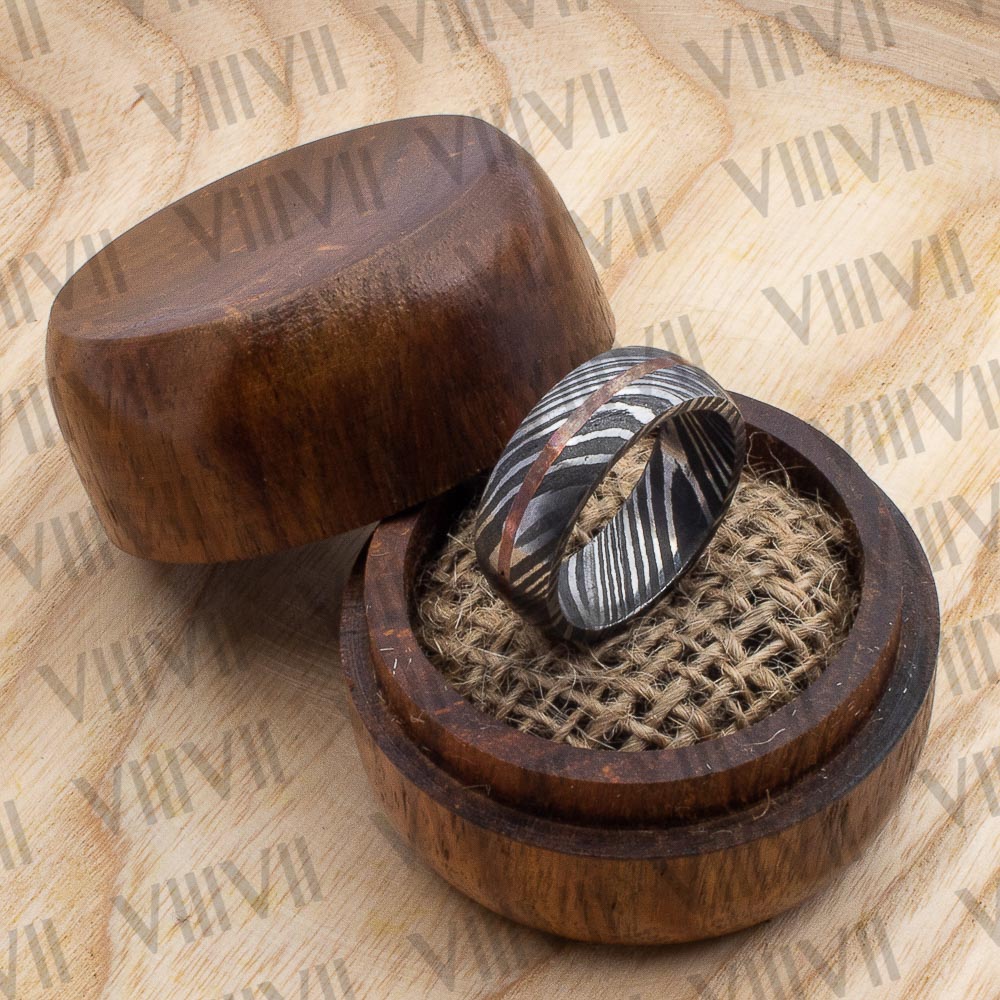 Handmade Damascus Steel Ring. Copper Inlay