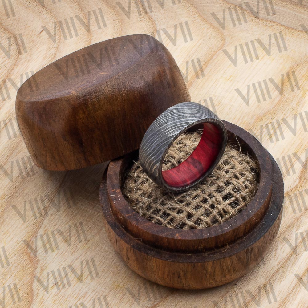 Forge Damascus ring Men's Wedding Band with an exquisite pattern and Red colored