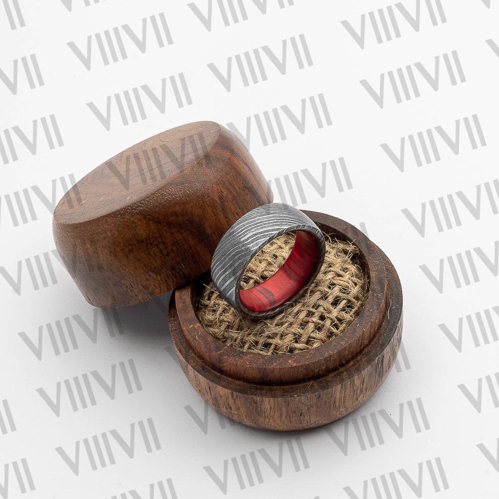 Forge Damascus ring Men's Wedding Band with an exquisite pattern and Red colored