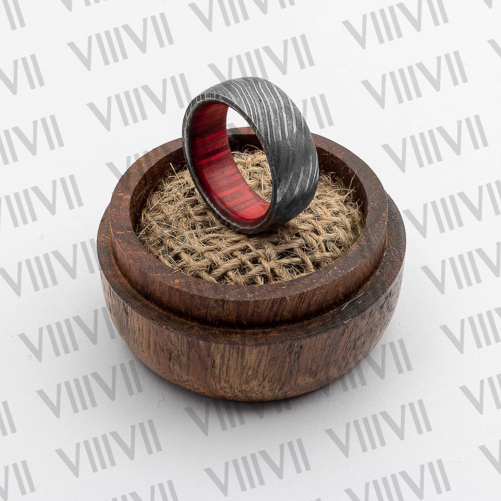 Forge Damascus ring Men's Wedding Band with an exquisite pattern and Red colored