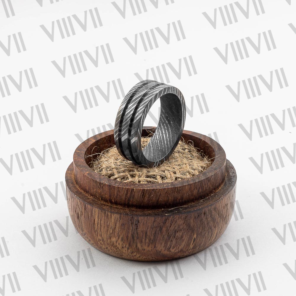 Damascus Steel ring with two grooves. Real Damascus steel
