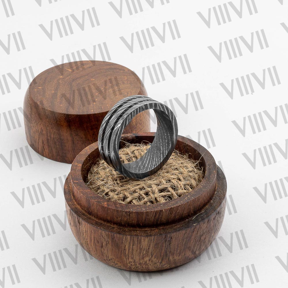Damascus Steel ring with two grooves. Real Damascus steel