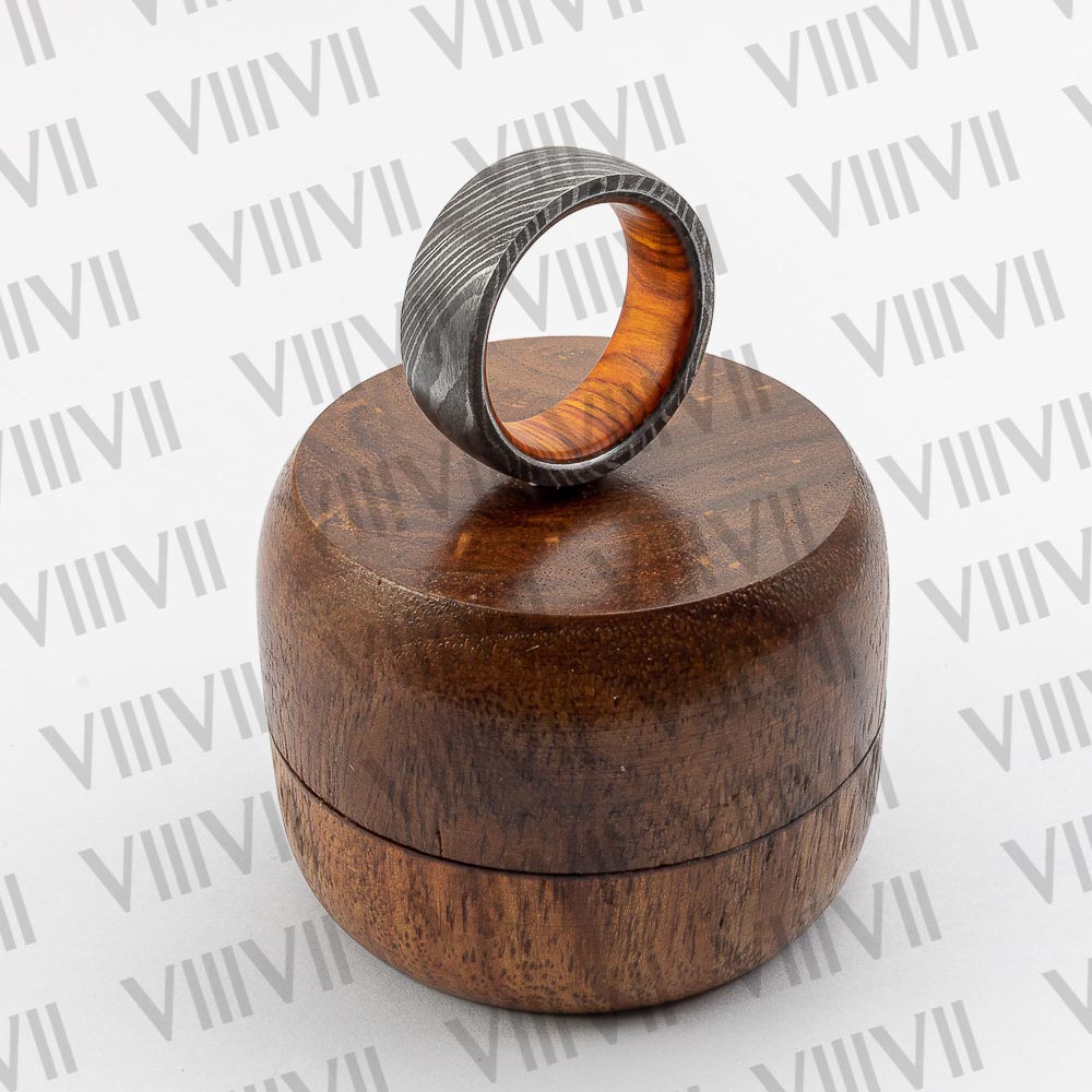 Handmade Damascus Whisky Barrel Steel Ring Wood Wedding Band