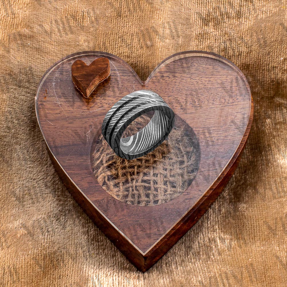 Damascus Steel ring with two grooves. Real Damascus steel