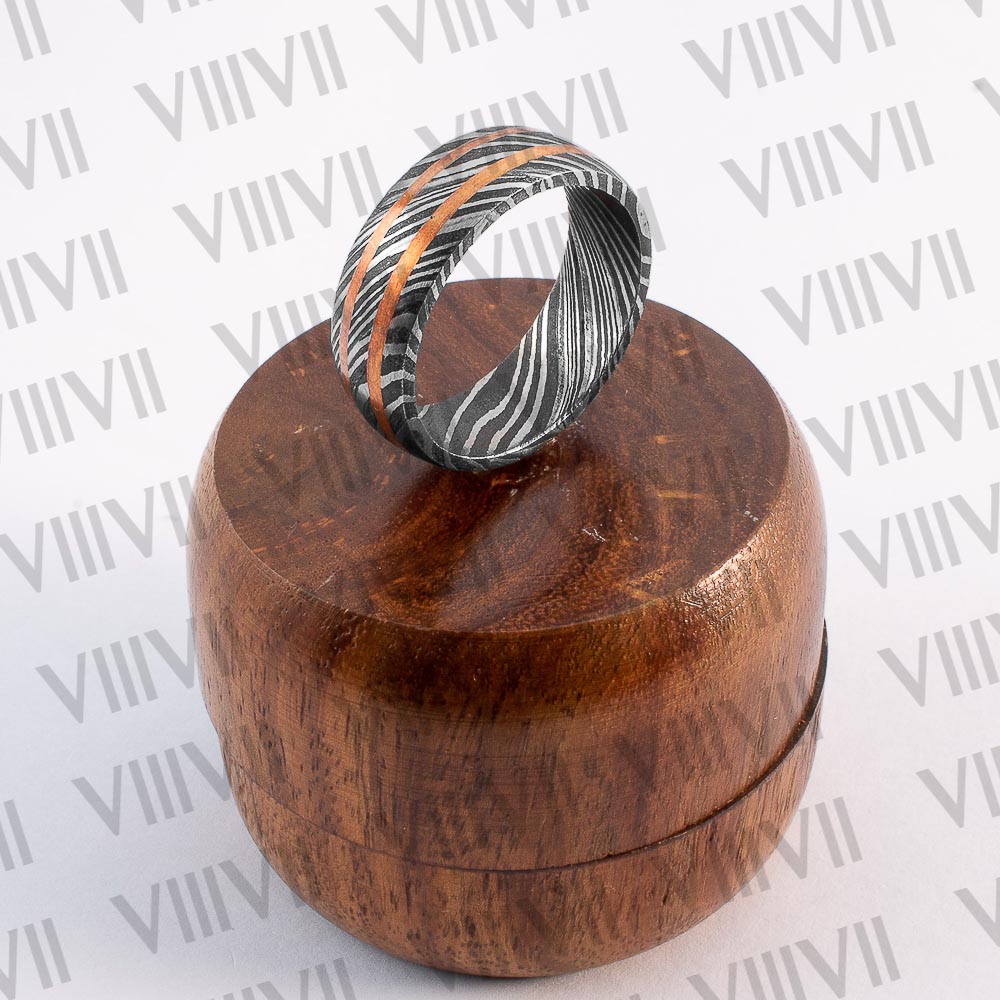 Damascus steel ring with double copper band infused comes in rosewood gift box