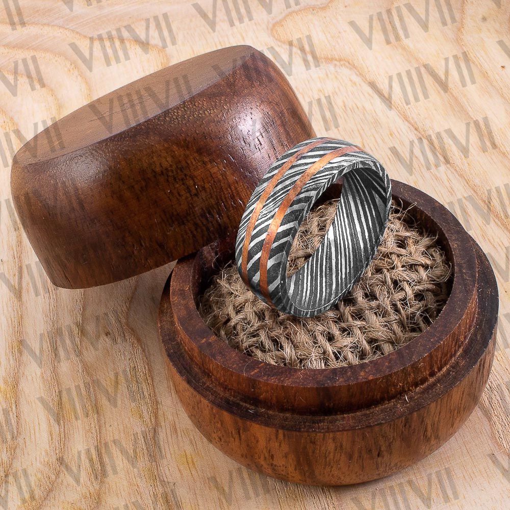 Damascus steel ring with double copper band infused comes in rosewood gift box