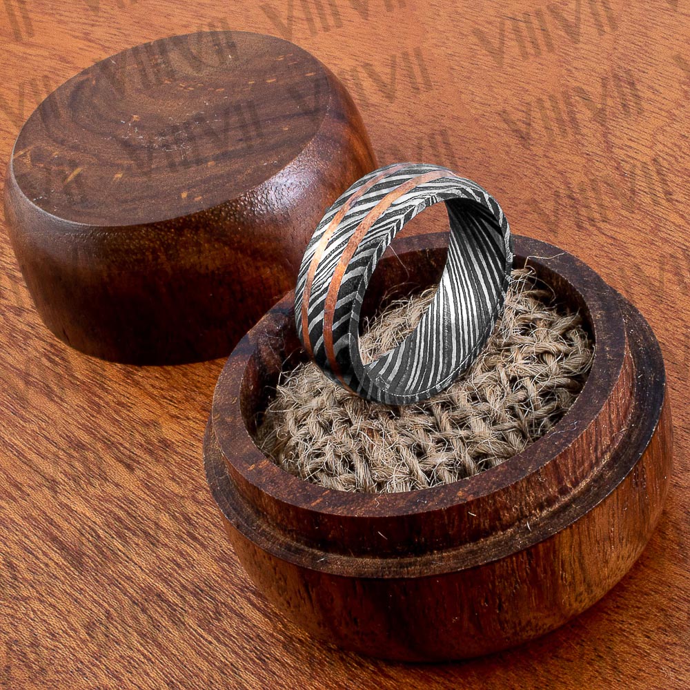 Damascus steel ring with double copper band infused comes in rosewood gift box
