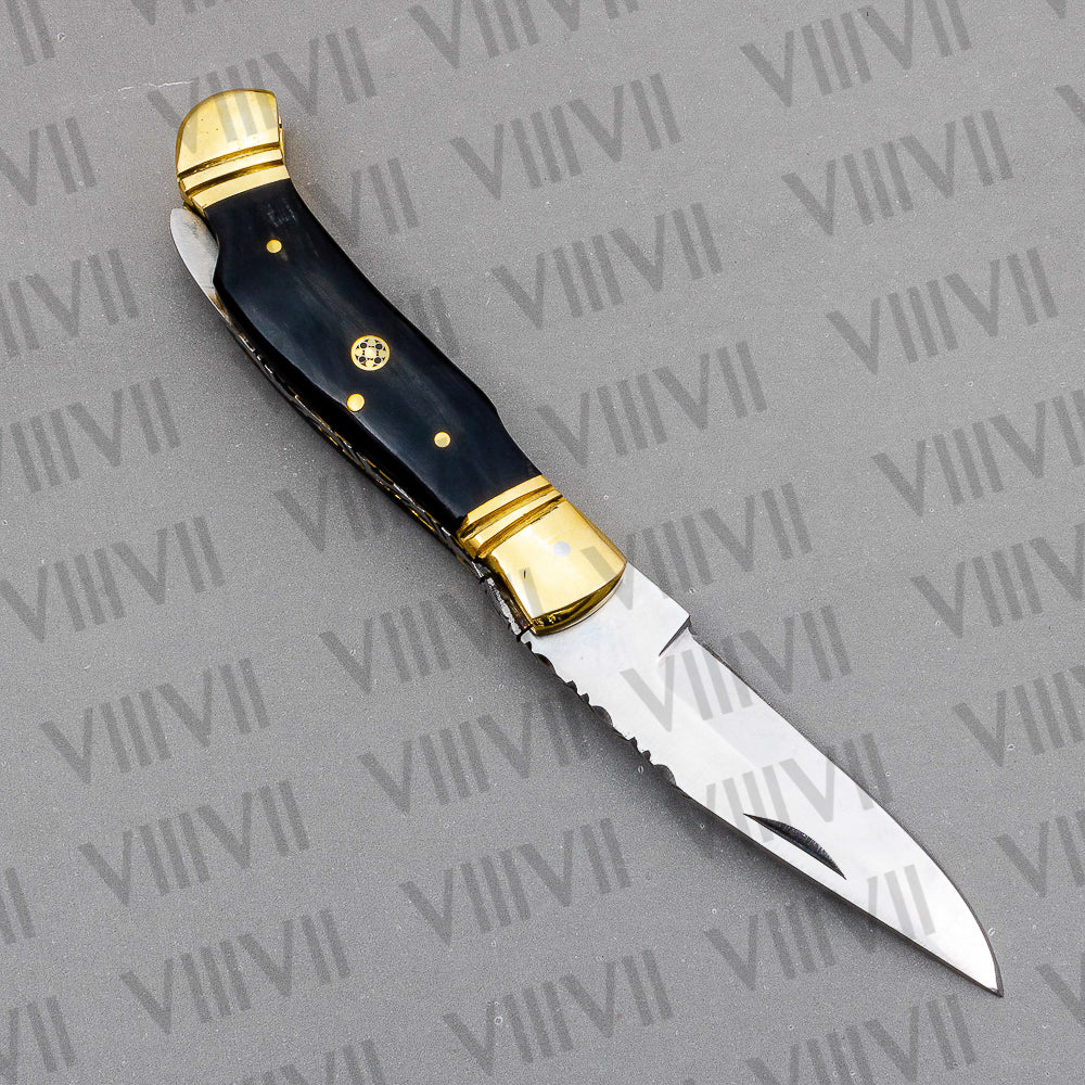 D2 Steel Folding Pocket Knife with Bull Horn Handle – Handmade with Leather Sheath, Square or Heart Wooden Gift Box