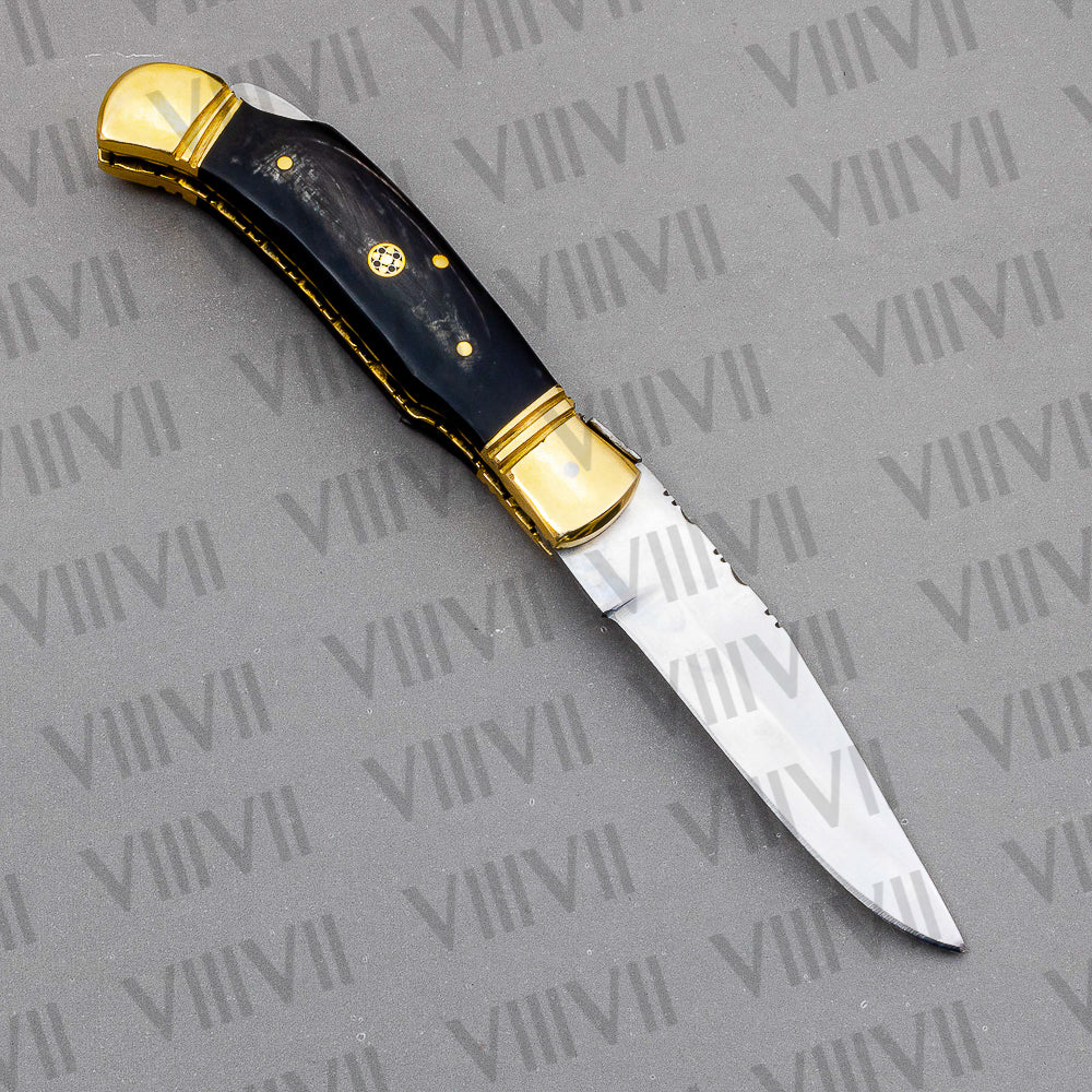 D2 Steel Folding Pocket Knife with Bull Horn Handle – Handmade with Leather Sheath, Square or Heart Wooden Gift Box