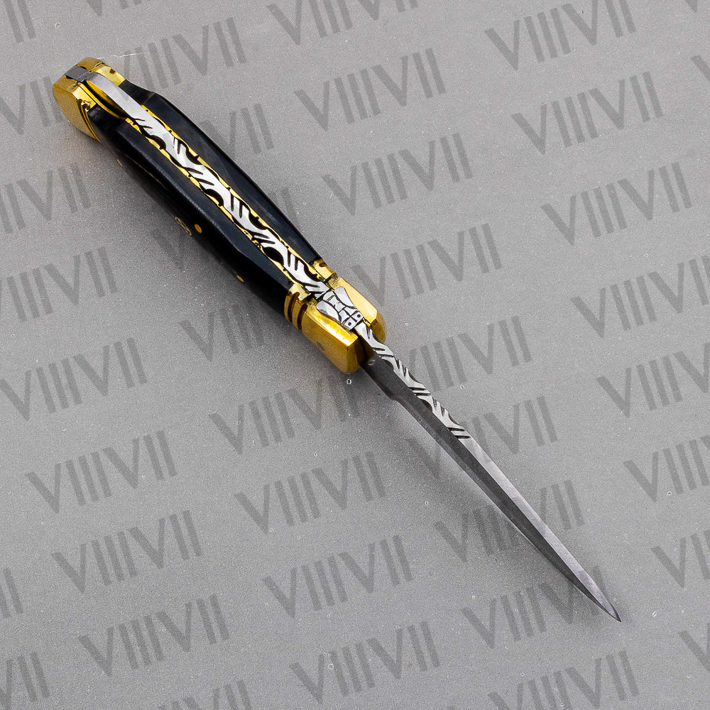 D2 Steel Folding Pocket Knife with Bull Horn Handle – Handmade with Leather Sheath, Square or Heart Wooden Gift Box