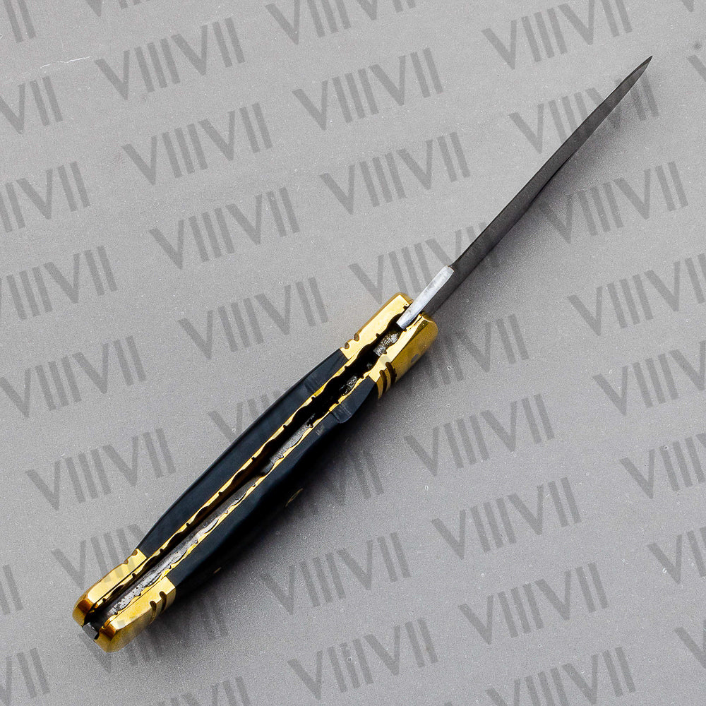 D2 Steel Folding Pocket Knife with Bull Horn Handle – Handmade with Leather Sheath, Square or Heart Wooden Gift Box