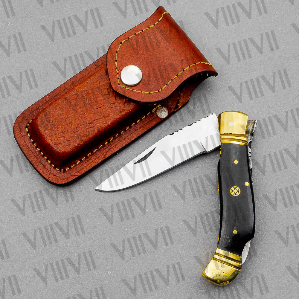 D2 Steel Folding Pocket Knife with Bull Horn Handle – Handmade with Leather Sheath, Square or Heart Wooden Gift Box