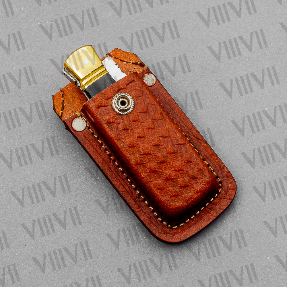 D2 Steel Folding Pocket Knife with Bull Horn Handle – Handmade with Leather Sheath, Square or Heart Wooden Gift Box