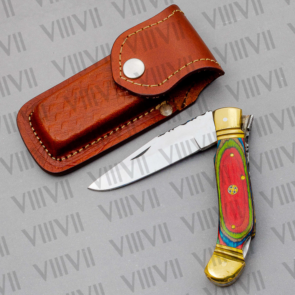 D2 Steel Folding Pocket Knife with Multiwood Handle – Handmade EDC Knife with Leather Sheath or Gift Box (Square or Heart)