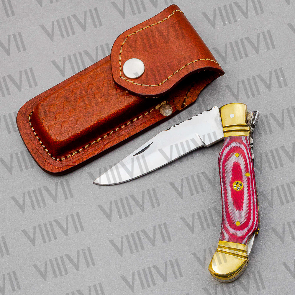 D2 Steel Folding Pocket Knife with Red Micarta Handle – Handmade Knife with Sheath, Square or Heart Gift Box