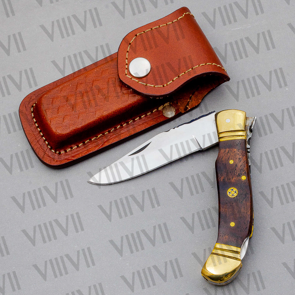 Handmade D2 Steel Folding Pocket Knife with Rosewood Handle – With Leather Sheath, Square Box, or Heart Gift Box
