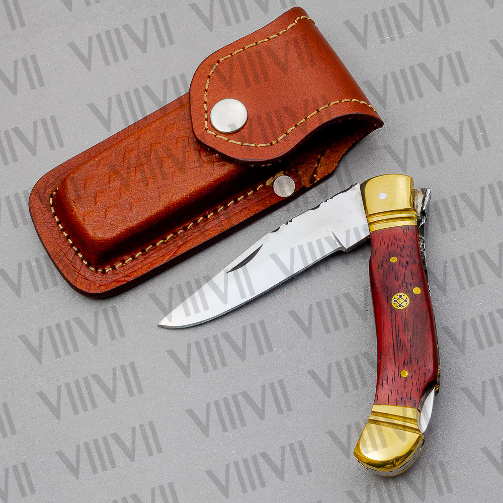 D2 Steel Folding Pocket Knife with Dollar Wood Handle – Handmade Knife with Leather Sheath or Wooden Gift Box (Square or Heart)