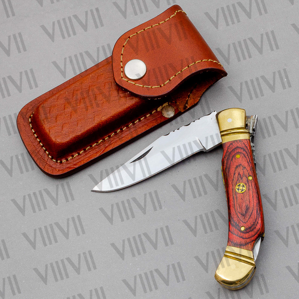 Handmade D2 Steel Folding Pocket Knife with Pakka Wood Handle – With Leather Sheath, Square Box, or Heart Gift Box