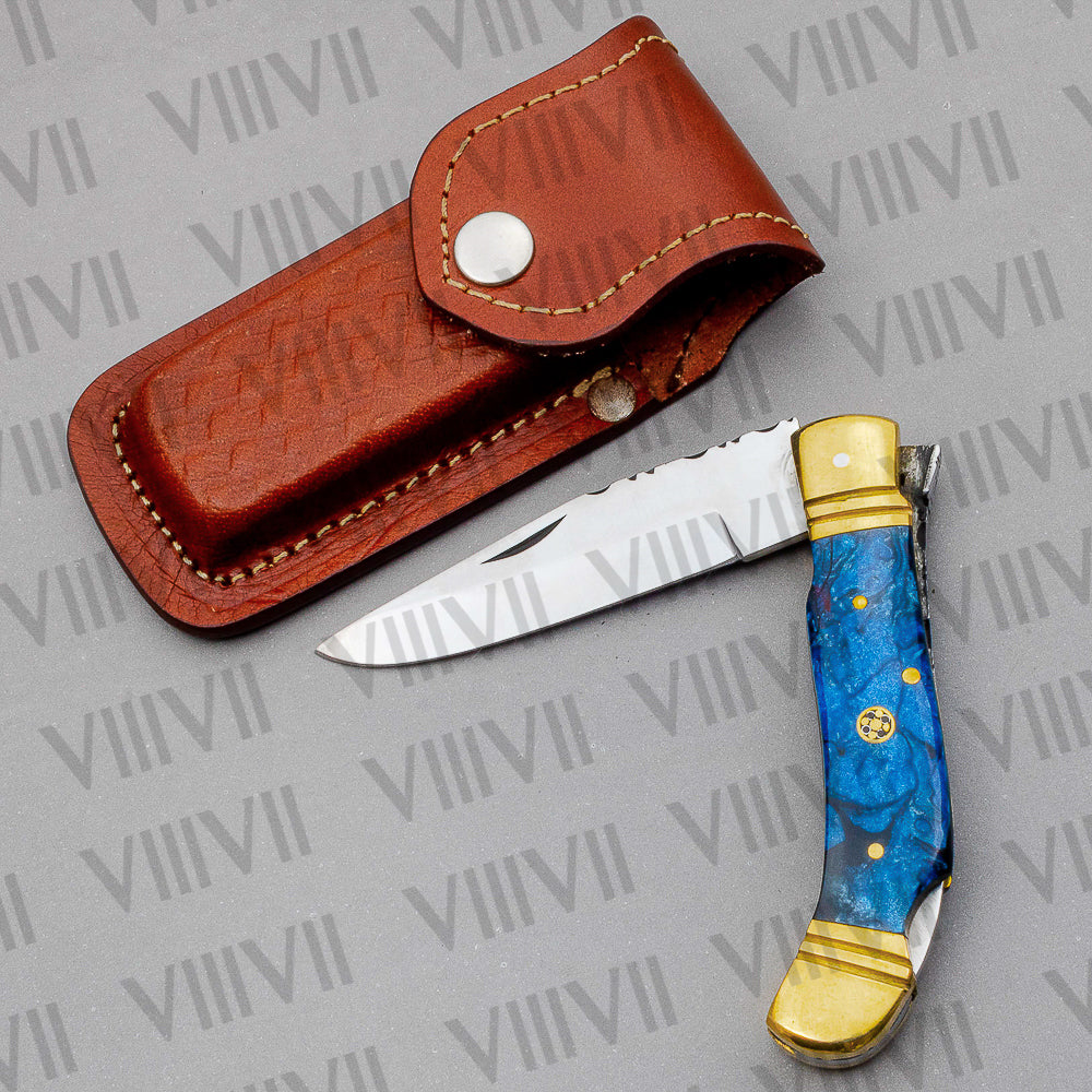 Handmade D2 Steel Pocket Knife with Blue Resin Handle – Includes Leather Sheath, Square Box or Heart Gift Box