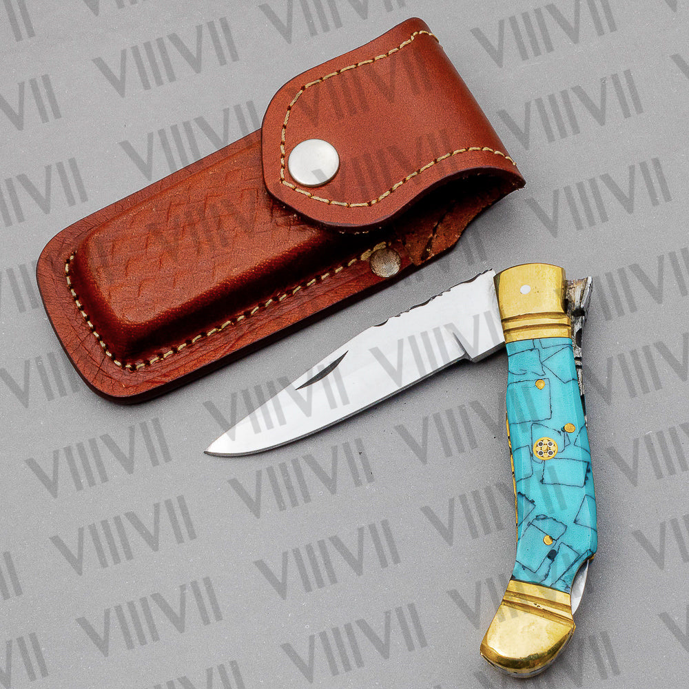 Handmade D2 Steel Folding Pocket Knife with Turquoise Handle – With Leather Sheath, Square Gift Box, or Heart Gift Box