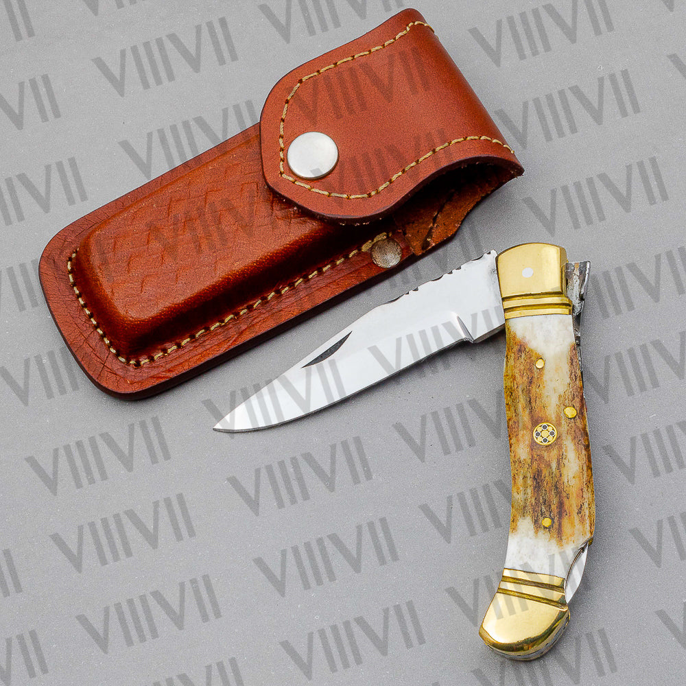 Handmade D2 Steel Folding Pocket Knife with Stag Horn Handle – With Leather Sheath, Square Gift Box, or Heart Gift Box