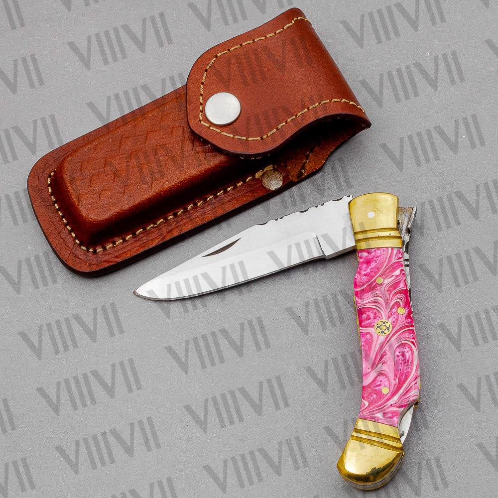 D2 Steel Folding Pocket Knife with Pink Resin Handle – Handmade Knife with Leather Sheath, Square Box, or Heart Gift Box