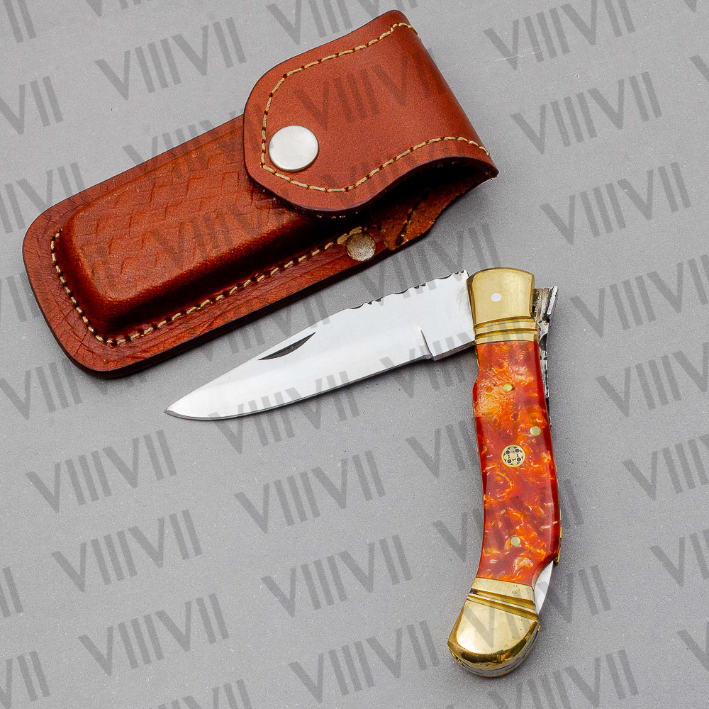 D2 Steel Folding Pocket Knife with Orange Resin Handle – Handmade Knife with Leather Sheath, Square Box, or Heart Gift Box