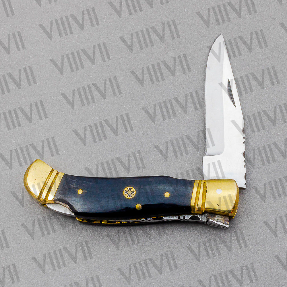 D2 Steel Folding Pocket Knife with Bull Horn Handle – Handmade with Leather Sheath, Square or Heart Wooden Gift Box