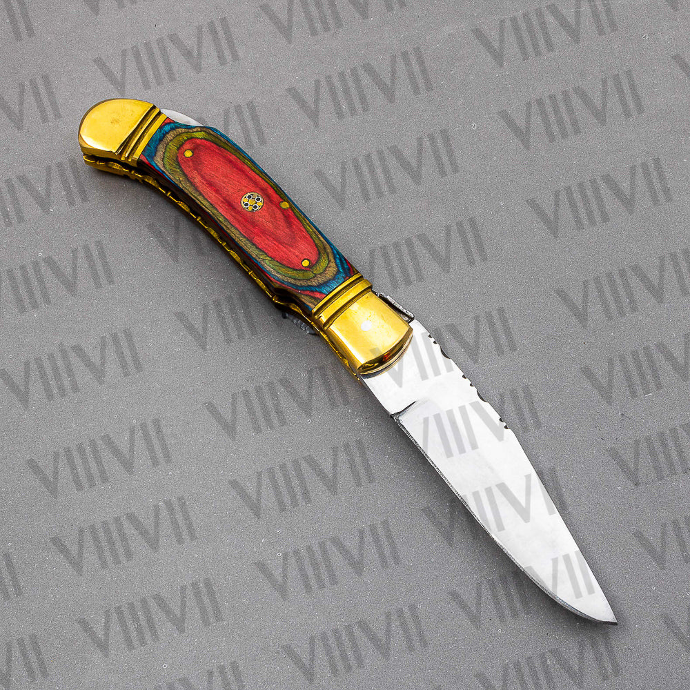 D2 Steel Folding Pocket Knife with Multiwood Handle – Handmade EDC Knife with Leather Sheath or Gift Box (Square or Heart)