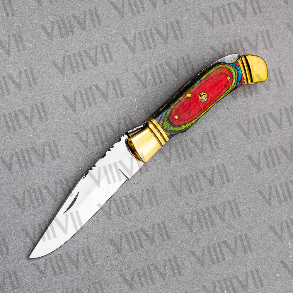 D2 Steel Folding Pocket Knife with Multiwood Handle – Handmade EDC Knife with Leather Sheath or Gift Box (Square or Heart)