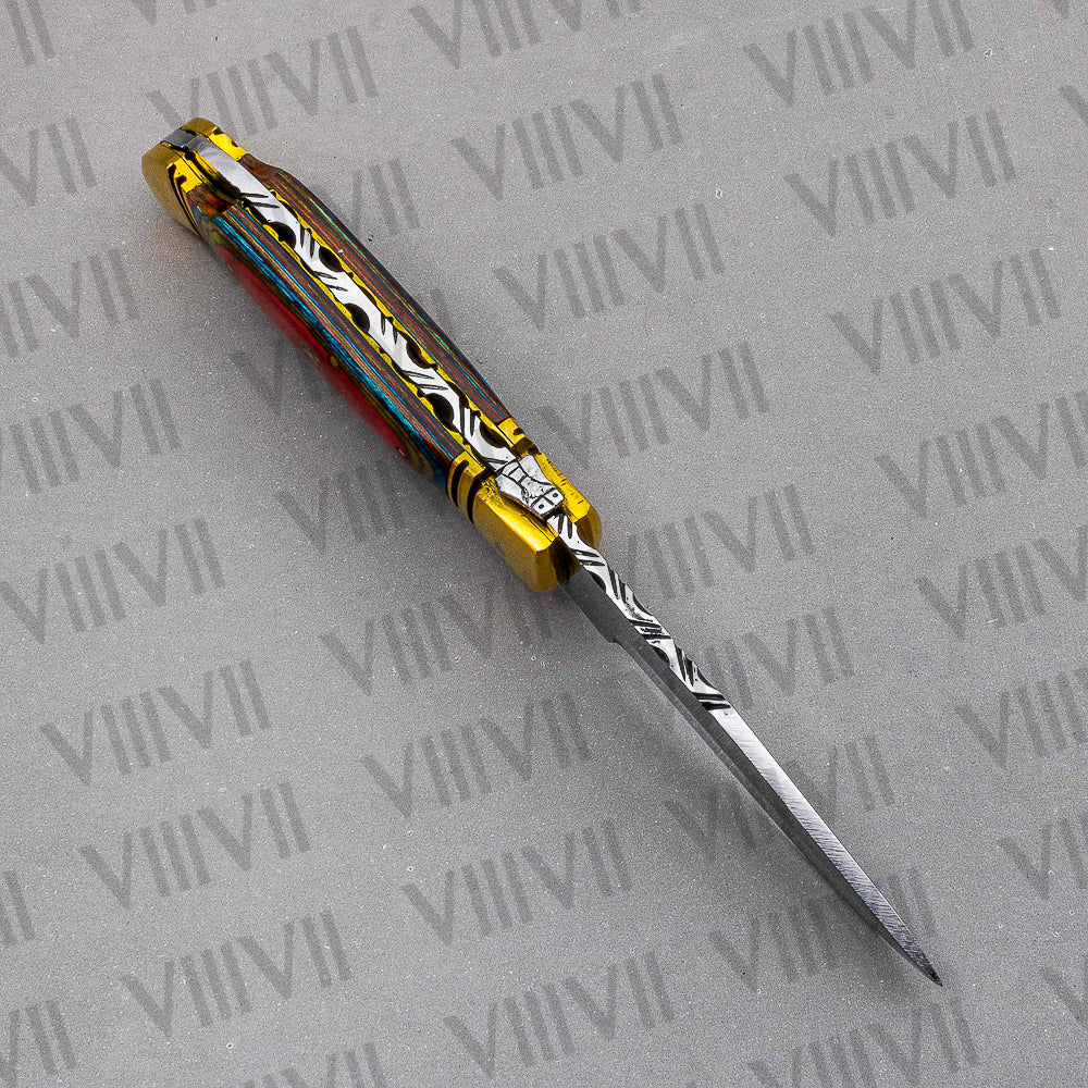 D2 Steel Folding Pocket Knife with Multiwood Handle – Handmade EDC Knife with Leather Sheath or Gift Box (Square or Heart)