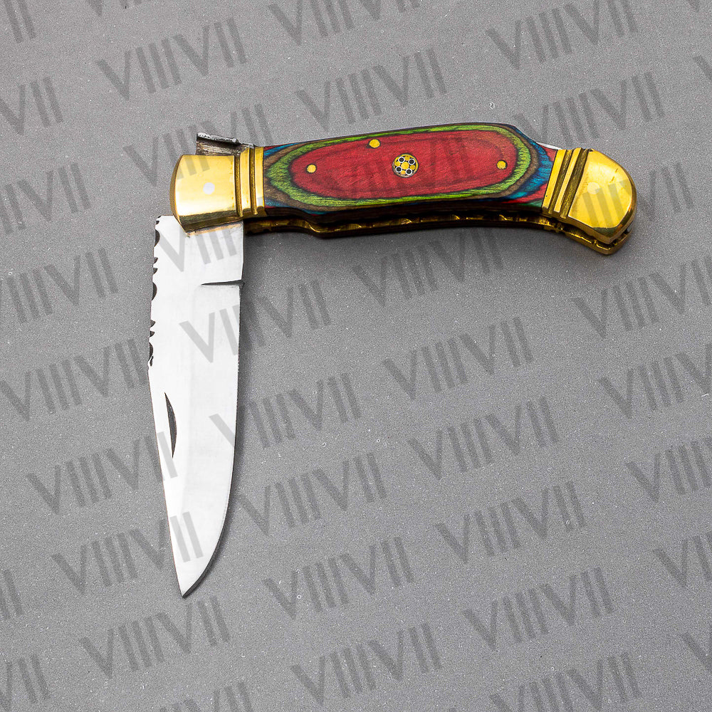 D2 Steel Folding Pocket Knife with Multiwood Handle – Handmade EDC Knife with Leather Sheath or Gift Box (Square or Heart)