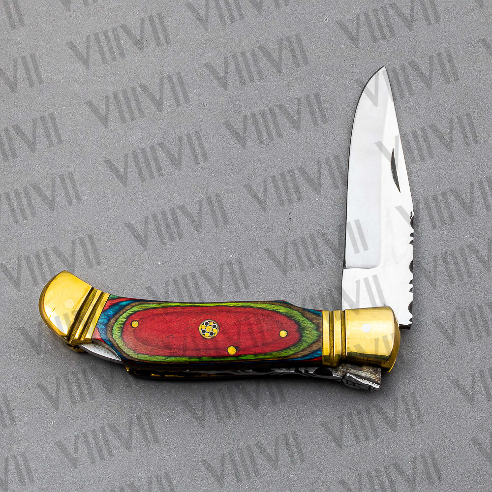 D2 Steel Folding Pocket Knife with Multiwood Handle – Handmade EDC Knife with Leather Sheath or Gift Box (Square or Heart)