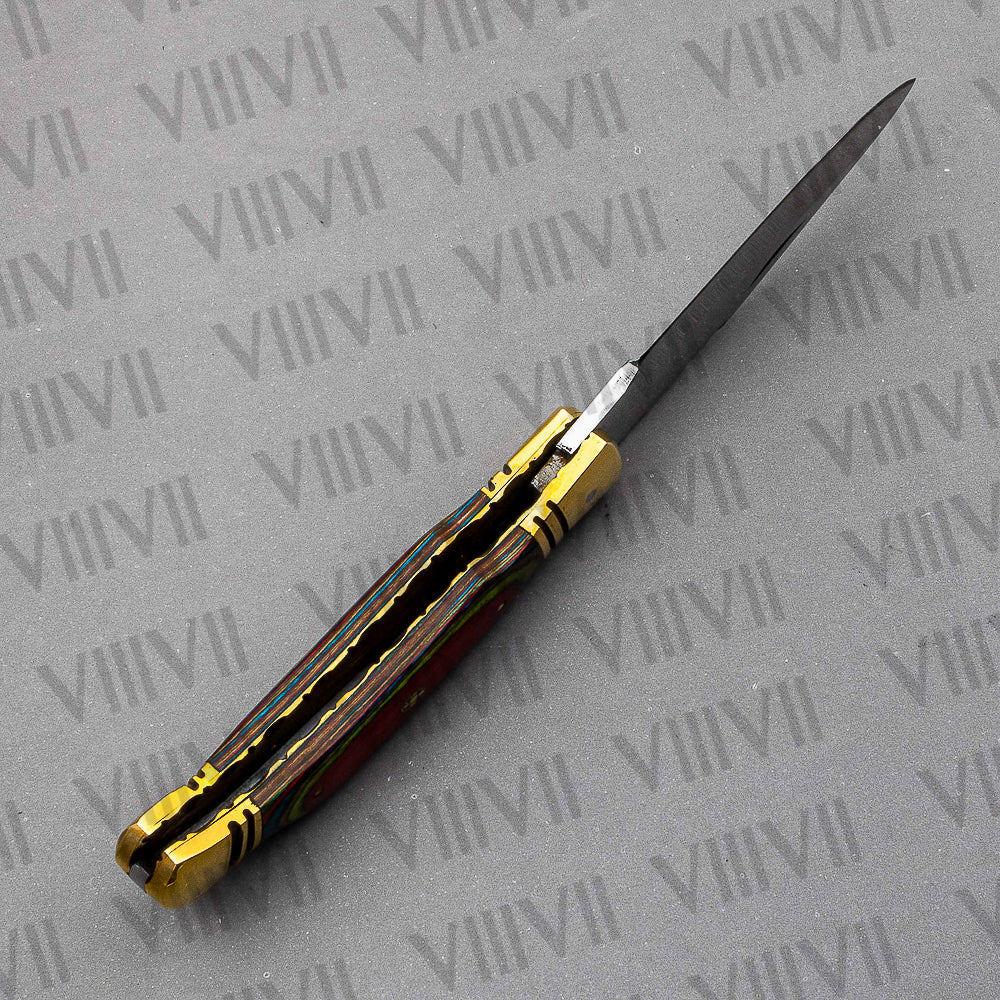 D2 Steel Folding Pocket Knife with Multiwood Handle – Handmade EDC Knife with Leather Sheath or Gift Box (Square or Heart)