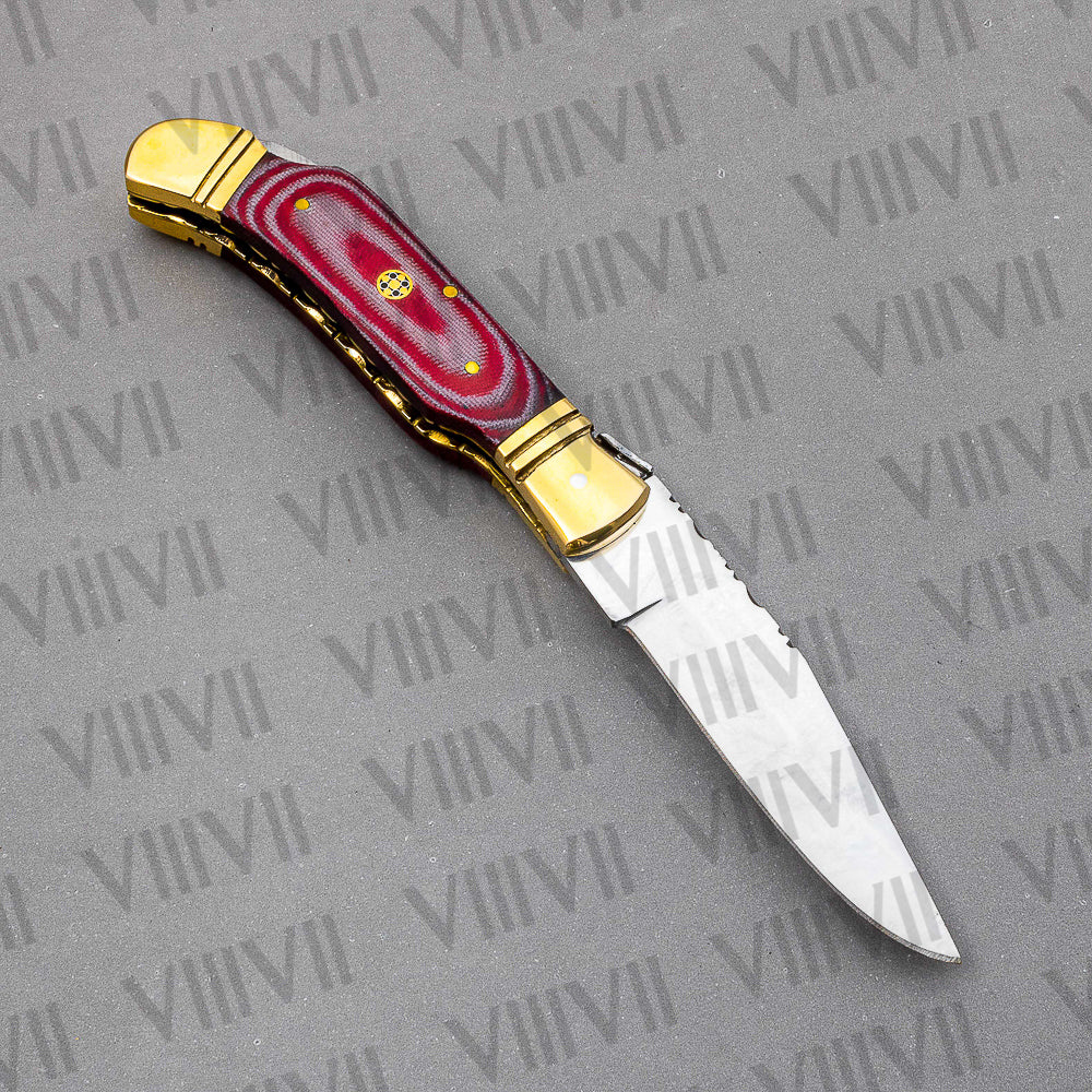 D2 Steel Folding Pocket Knife with Red Micarta Handle – Handmade Knife with Sheath, Square or Heart Gift Box