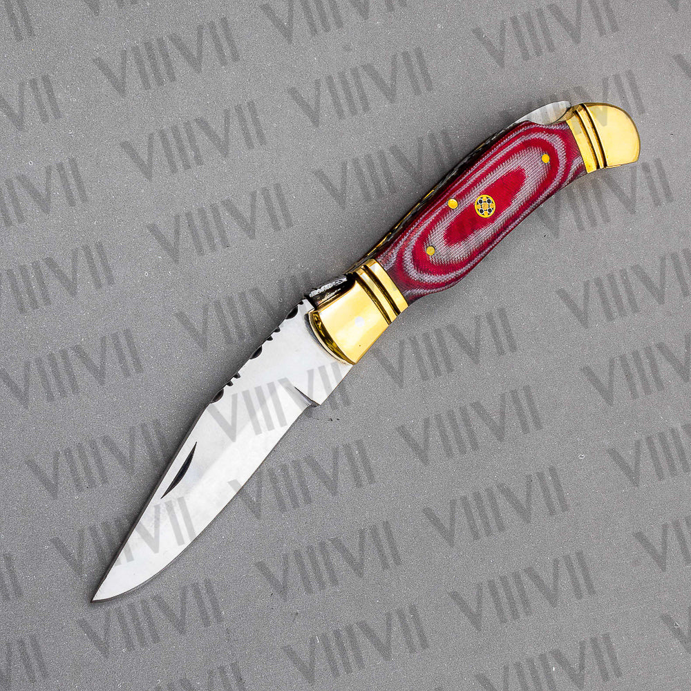 D2 Steel Folding Pocket Knife with Red Micarta Handle – Handmade Knife with Sheath, Square or Heart Gift Box