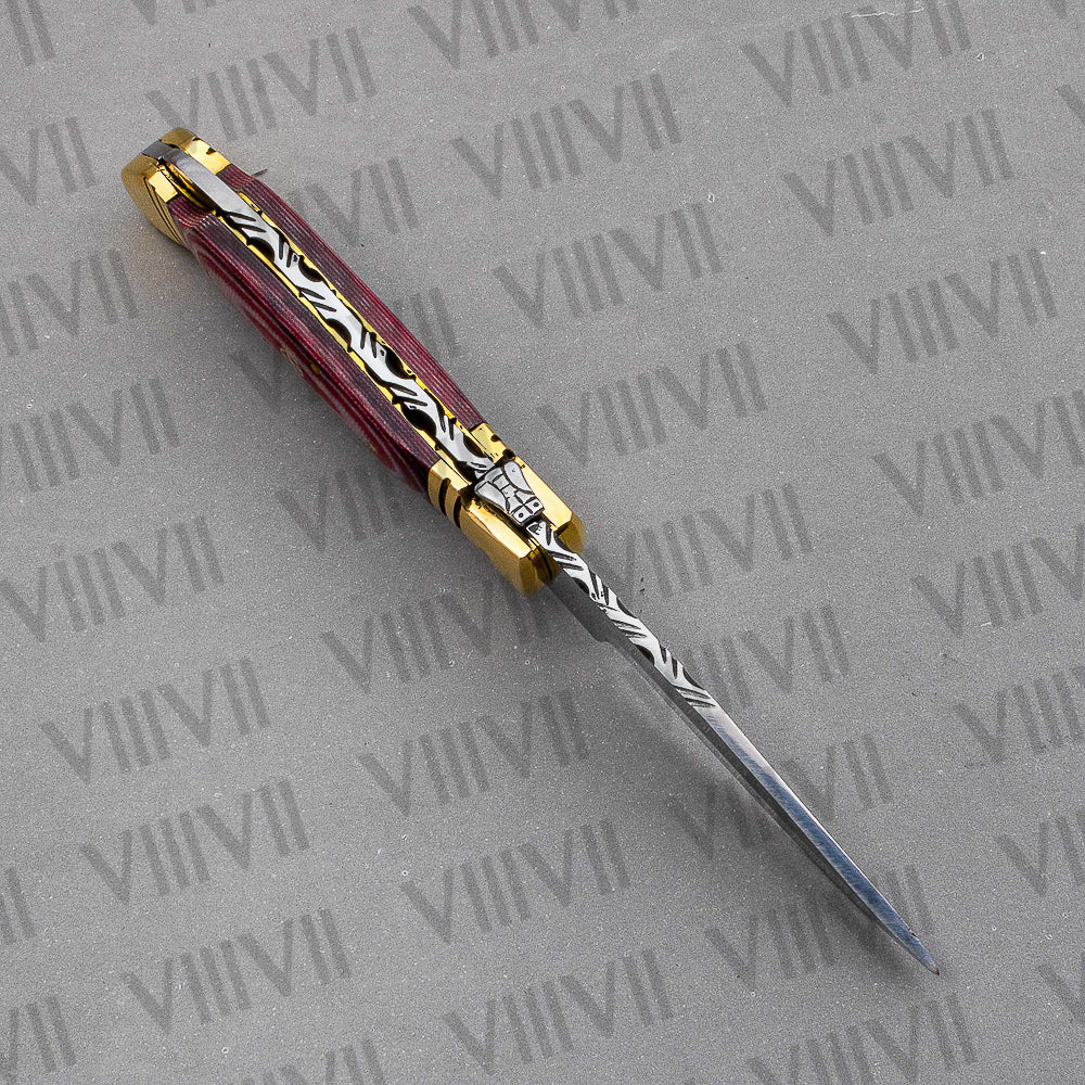 D2 Steel Folding Pocket Knife with Red Micarta Handle – Handmade Knife with Sheath, Square or Heart Gift Box