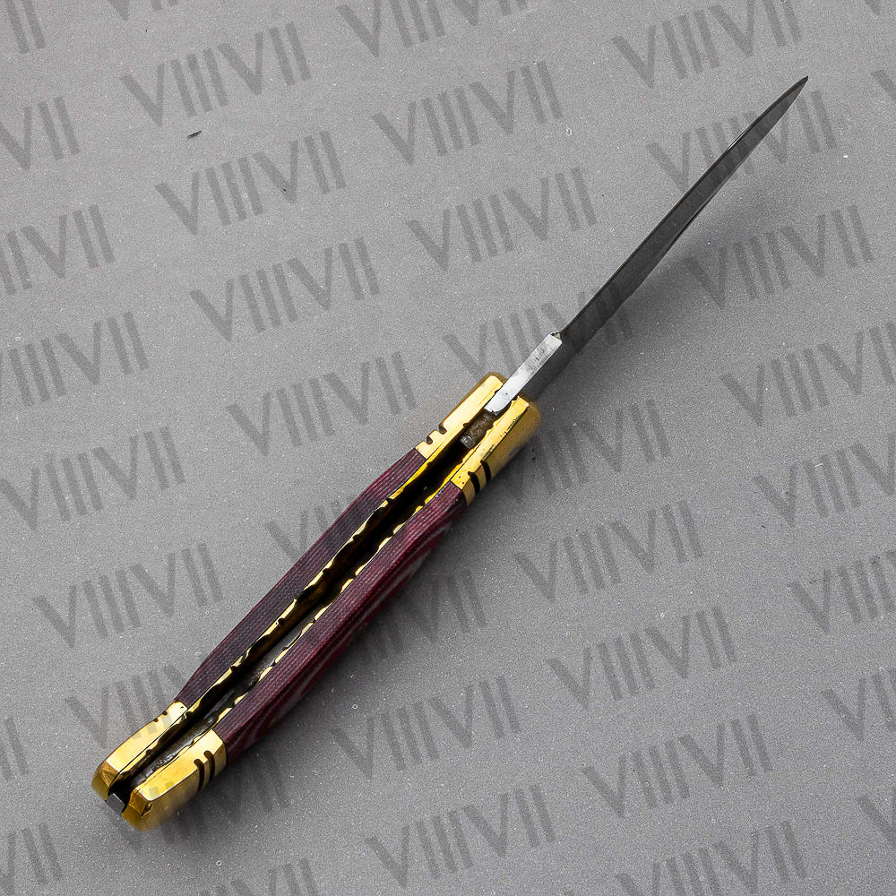 D2 Steel Folding Pocket Knife with Red Micarta Handle – Handmade Knife with Sheath, Square or Heart Gift Box