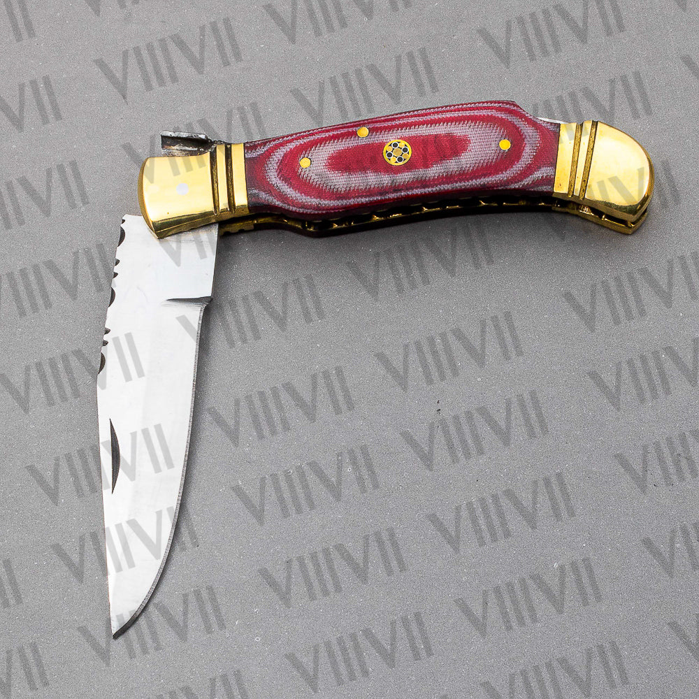 D2 Steel Folding Pocket Knife with Red Micarta Handle – Handmade Knife with Sheath, Square or Heart Gift Box