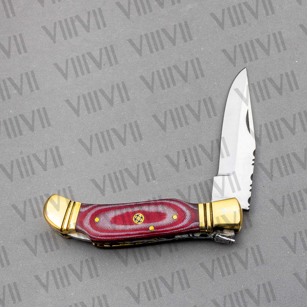 D2 Steel Folding Pocket Knife with Red Micarta Handle – Handmade Knife with Sheath, Square or Heart Gift Box