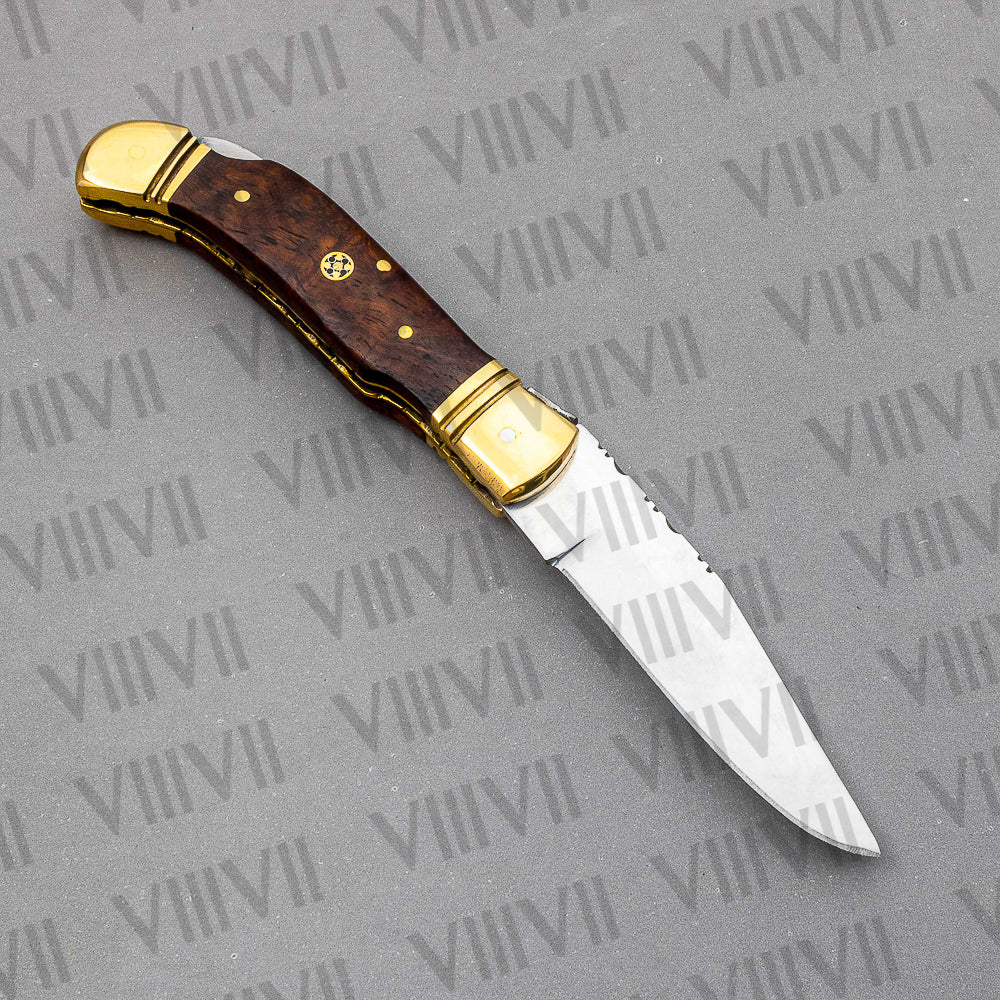 Handmade D2 Steel Folding Pocket Knife with Rosewood Handle – With Leather Sheath, Square Box, or Heart Gift Box