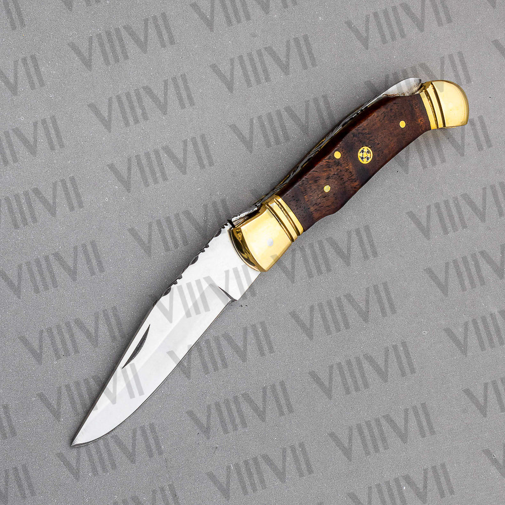 Handmade D2 Steel Folding Pocket Knife with Rosewood Handle – With Leather Sheath, Square Box, or Heart Gift Box