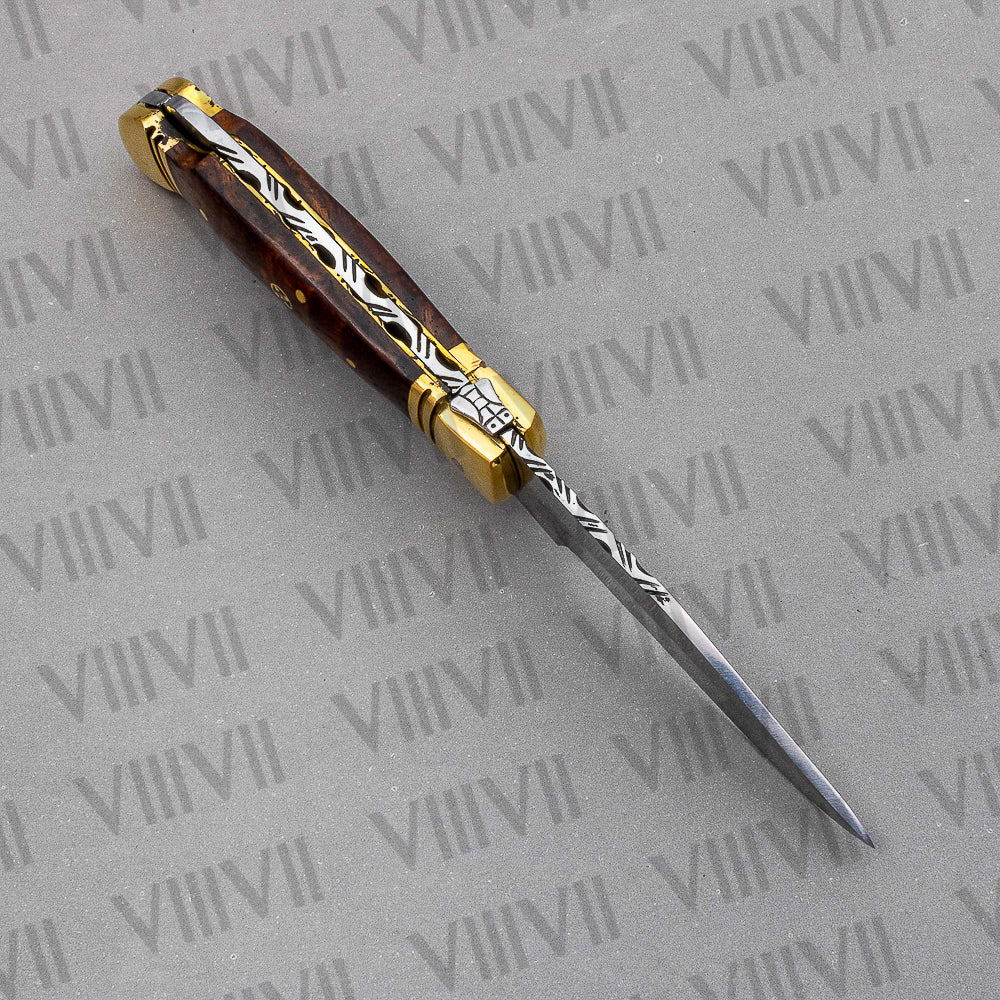 Handmade D2 Steel Folding Pocket Knife with Rosewood Handle – With Leather Sheath, Square Box, or Heart Gift Box