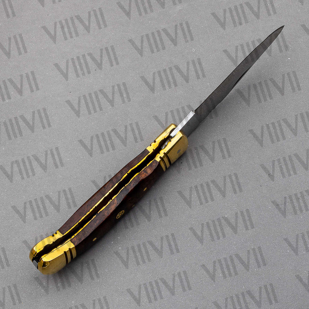 Handmade D2 Steel Folding Pocket Knife with Rosewood Handle – With Leather Sheath, Square Box, or Heart Gift Box