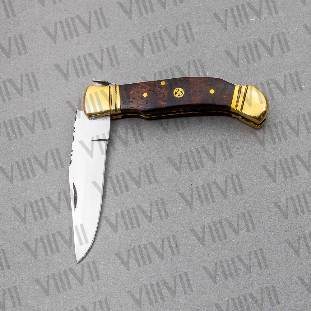 Handmade D2 Steel Folding Pocket Knife with Rosewood Handle – With Leather Sheath, Square Box, or Heart Gift Box