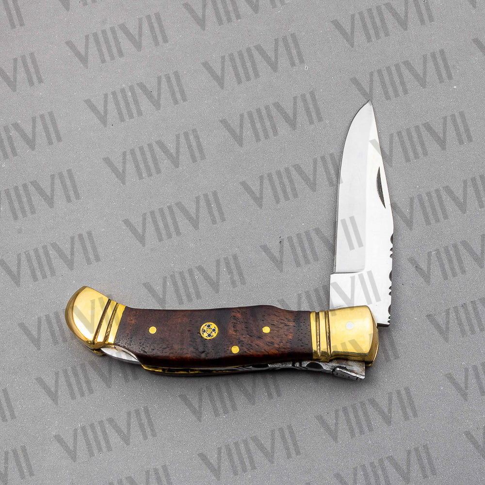 Handmade D2 Steel Folding Pocket Knife with Rosewood Handle – With Leather Sheath, Square Box, or Heart Gift Box