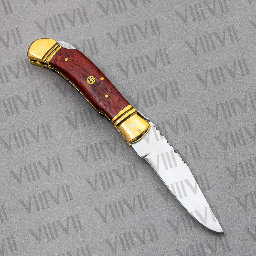 D2 Steel Folding Pocket Knife with Dollar Wood Handle – Handmade Knife with Leather Sheath or Wooden Gift Box (Square or Heart)