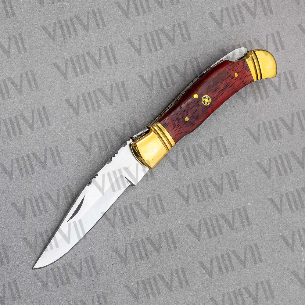 D2 Steel Folding Pocket Knife with Dollar Wood Handle – Handmade Knife with Leather Sheath or Wooden Gift Box (Square or Heart)