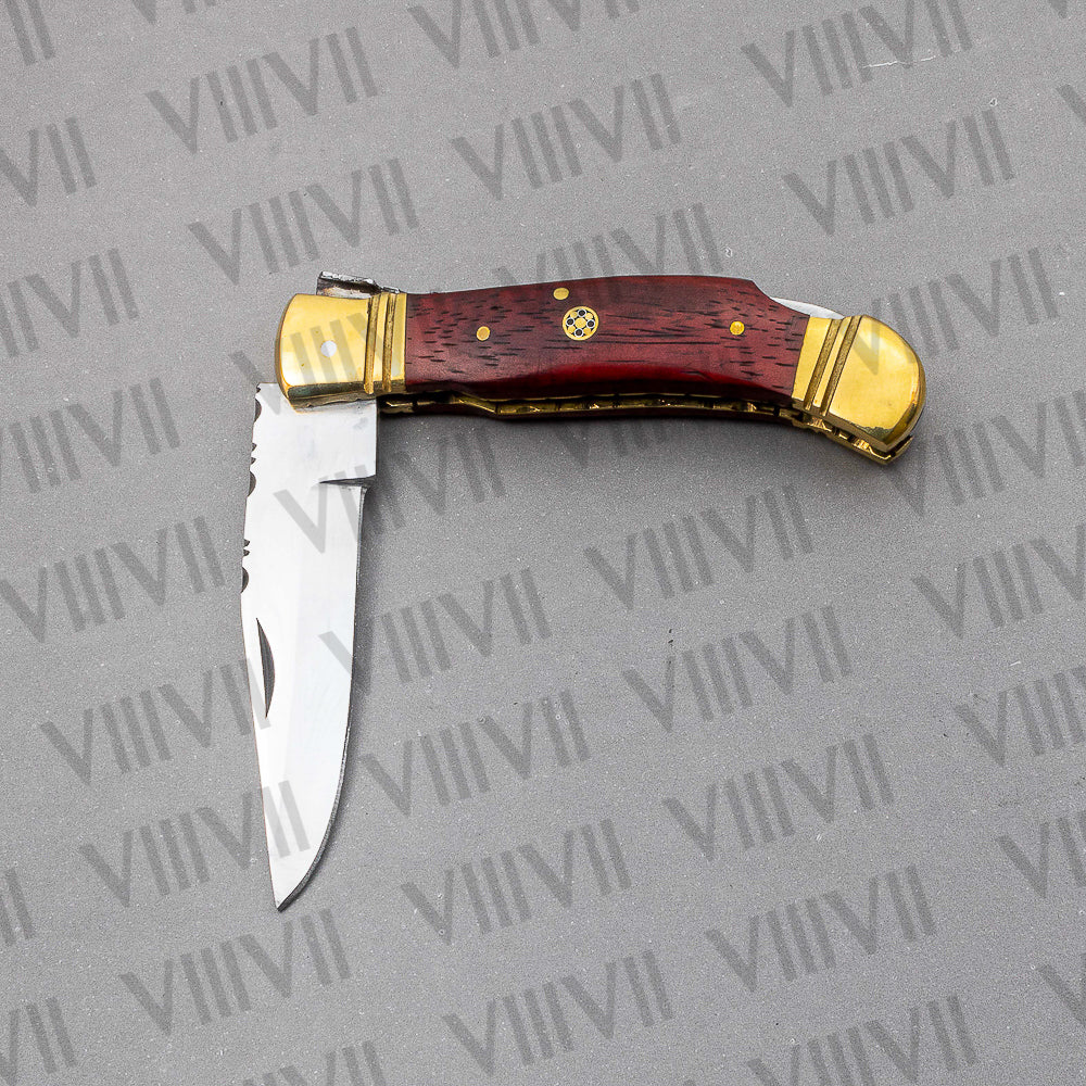 D2 Steel Folding Pocket Knife with Dollar Wood Handle – Handmade Knife with Leather Sheath or Wooden Gift Box (Square or Heart)